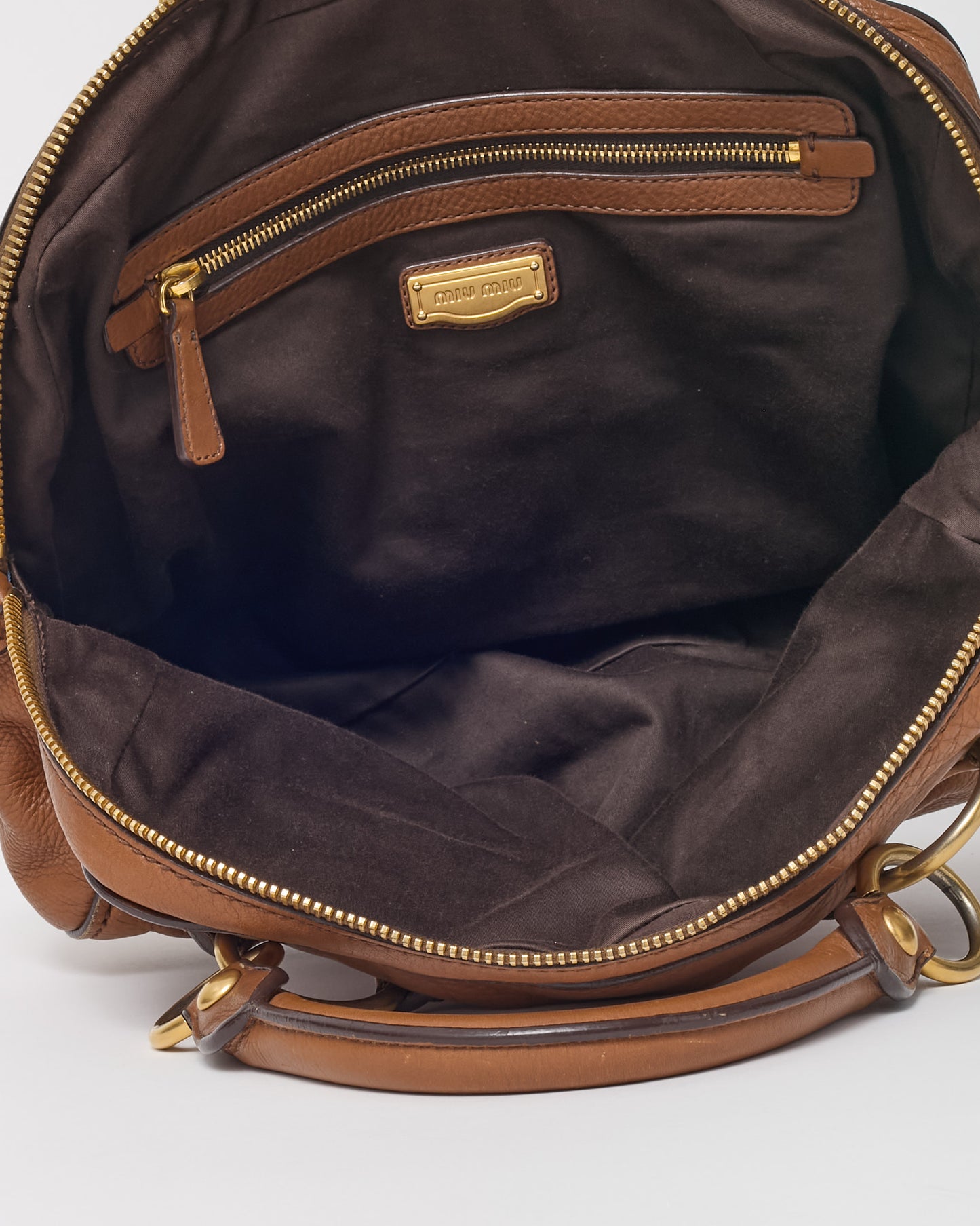 Miu Miu Brown Leather Logo Bowler Top Handle Bag