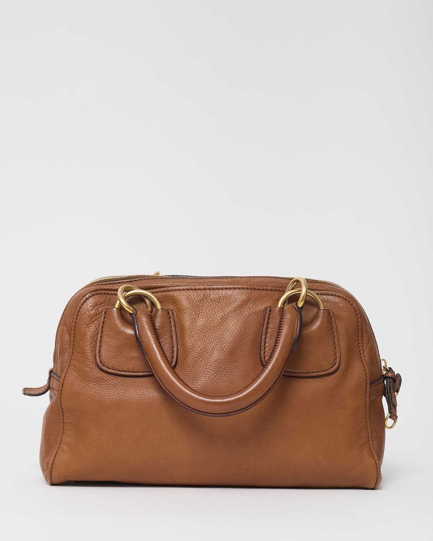 Miu Miu Brown Leather Logo Bowler Top Handle Bag