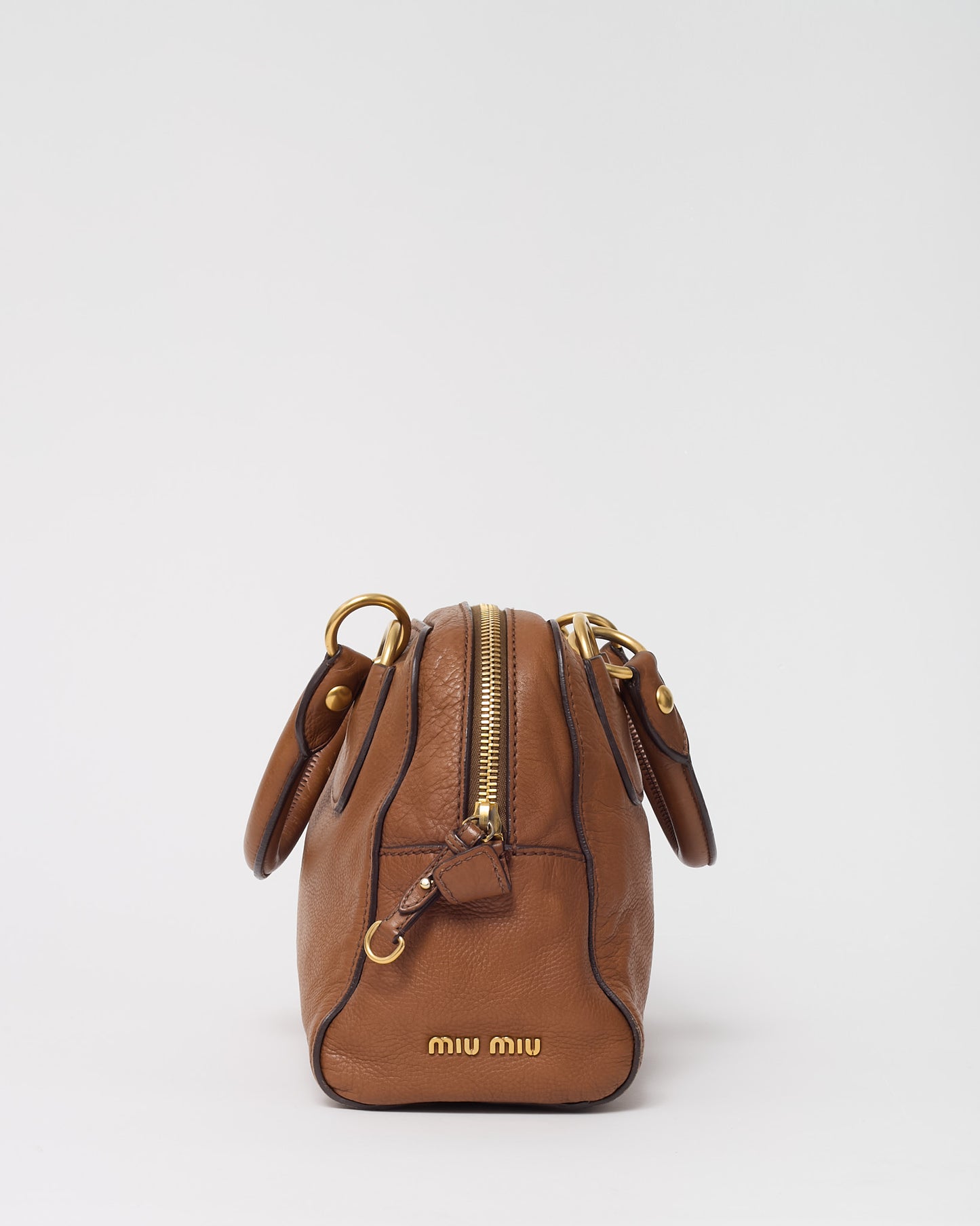 Miu Miu Brown Leather Logo Bowler Top Handle Bag