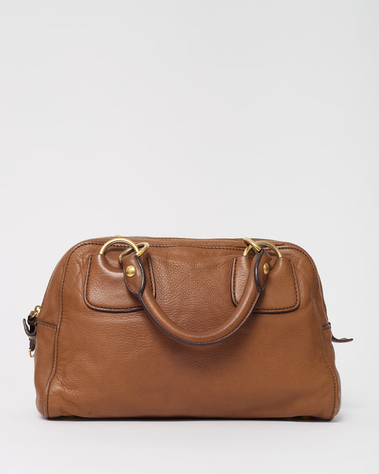 Miu Miu Brown Leather Logo Bowler Top Handle Bag