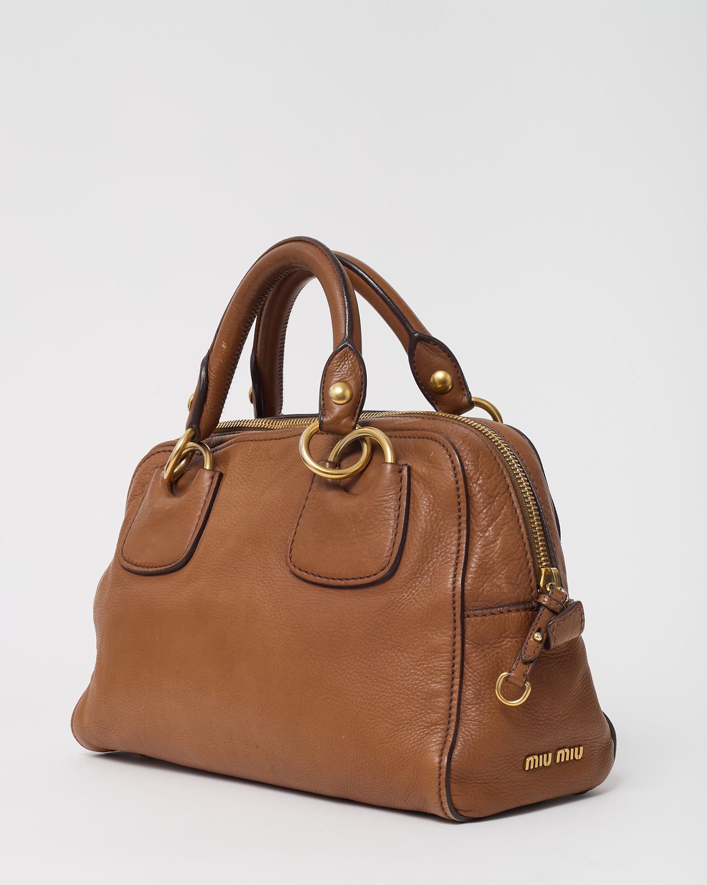 Miu Miu Brown Leather Logo Bowler Top Handle Bag