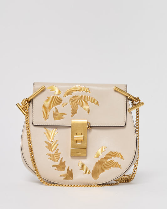 Chloé Off-White Calfskin Leather Gold Palm Tree Embellished Detail Drew Crossbody Bag