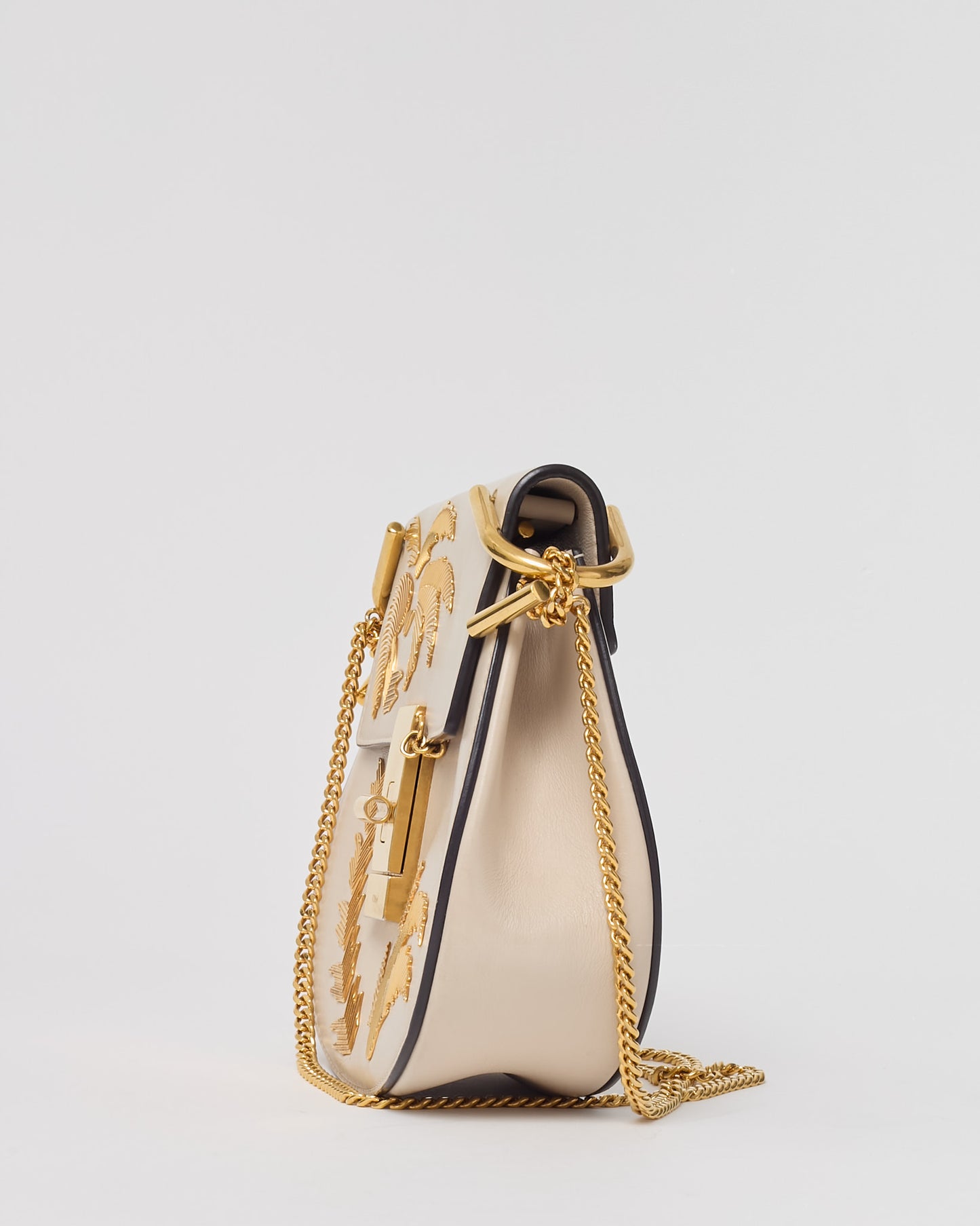 Chloé Off-White Calfskin Leather Gold Palm Tree Embellished Detail Drew Crossbody Bag