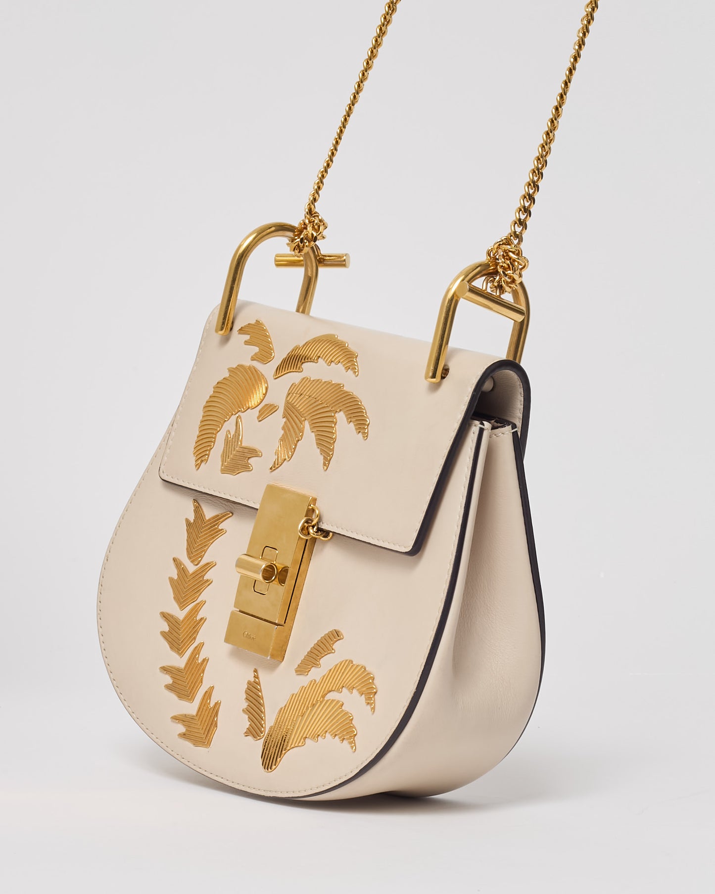 Chloé Off-White Calfskin Leather Gold Palm Tree Embellished Detail Drew Crossbody Bag