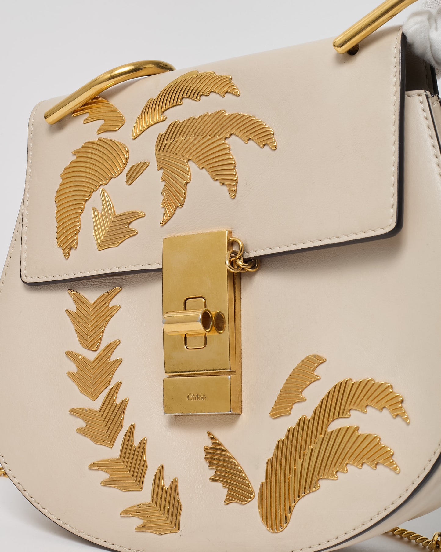 Chloé Off-White Calfskin Leather Gold Palm Tree Embellished Detail Drew Crossbody Bag
