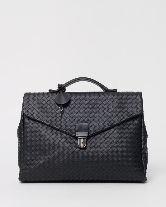 Bottega Veneta Black Intrecciato Leather Top Handle Briefcase