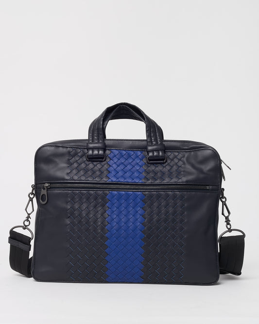 Bottega Veneta Black Intrecciato Leather with Blue Stripe Briefcase with Strap