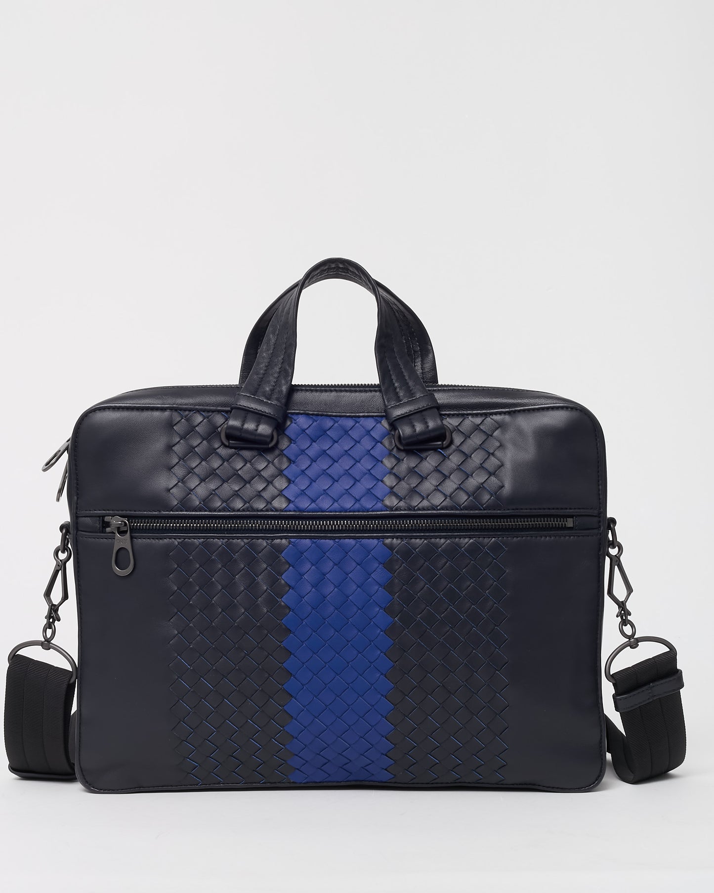 Bottega Veneta Black Intrecciato Leather with Blue Stripe Briefcase with Strap