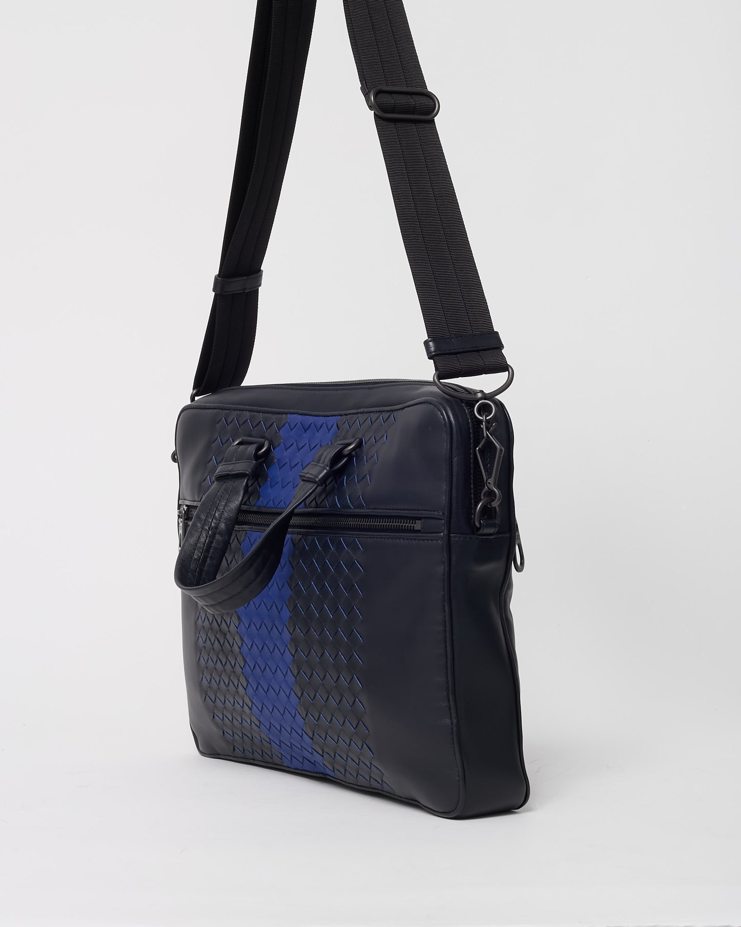 Bottega Veneta Black Intrecciato Leather with Blue Stripe Briefcase with Strap