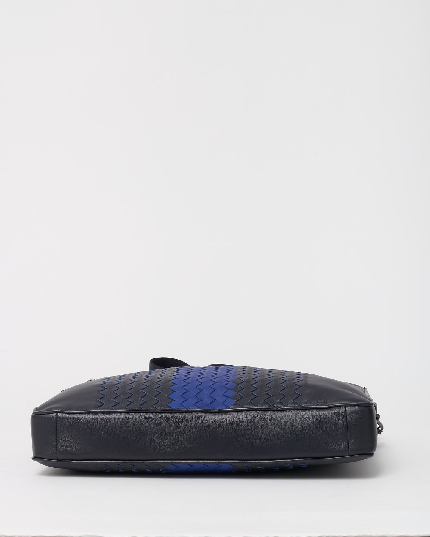 Bottega Veneta Black Intrecciato Leather with Blue Stripe Briefcase with Strap