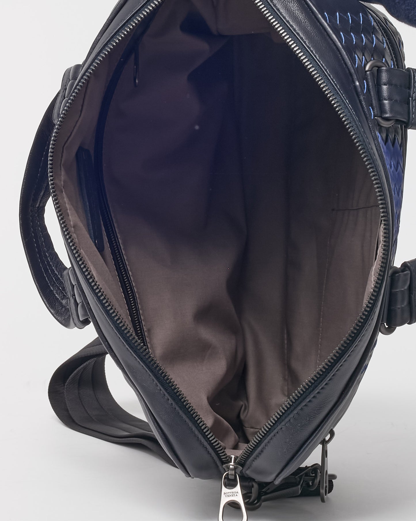 Bottega Veneta Black Intrecciato Leather with Blue Stripe Briefcase with Strap