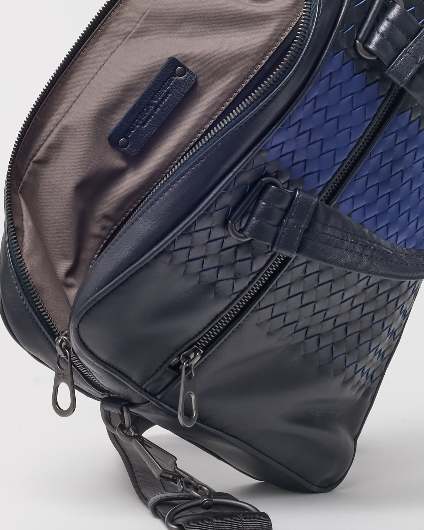 Bottega Veneta Black Intrecciato Leather with Blue Stripe Briefcase with Strap