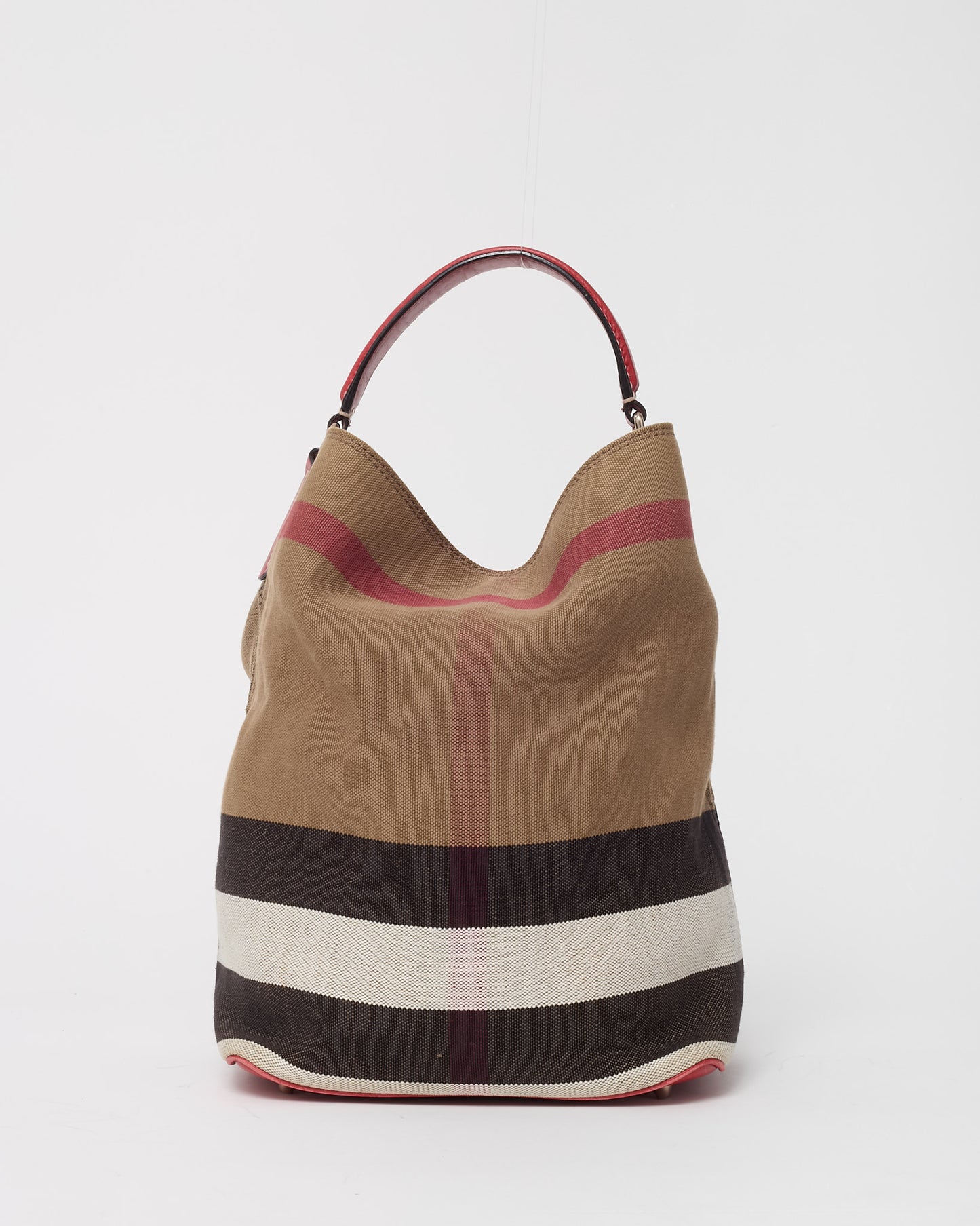 Burberry Beige Mega Check Canvas and Red Leather Medium Ashby Bucket Bag