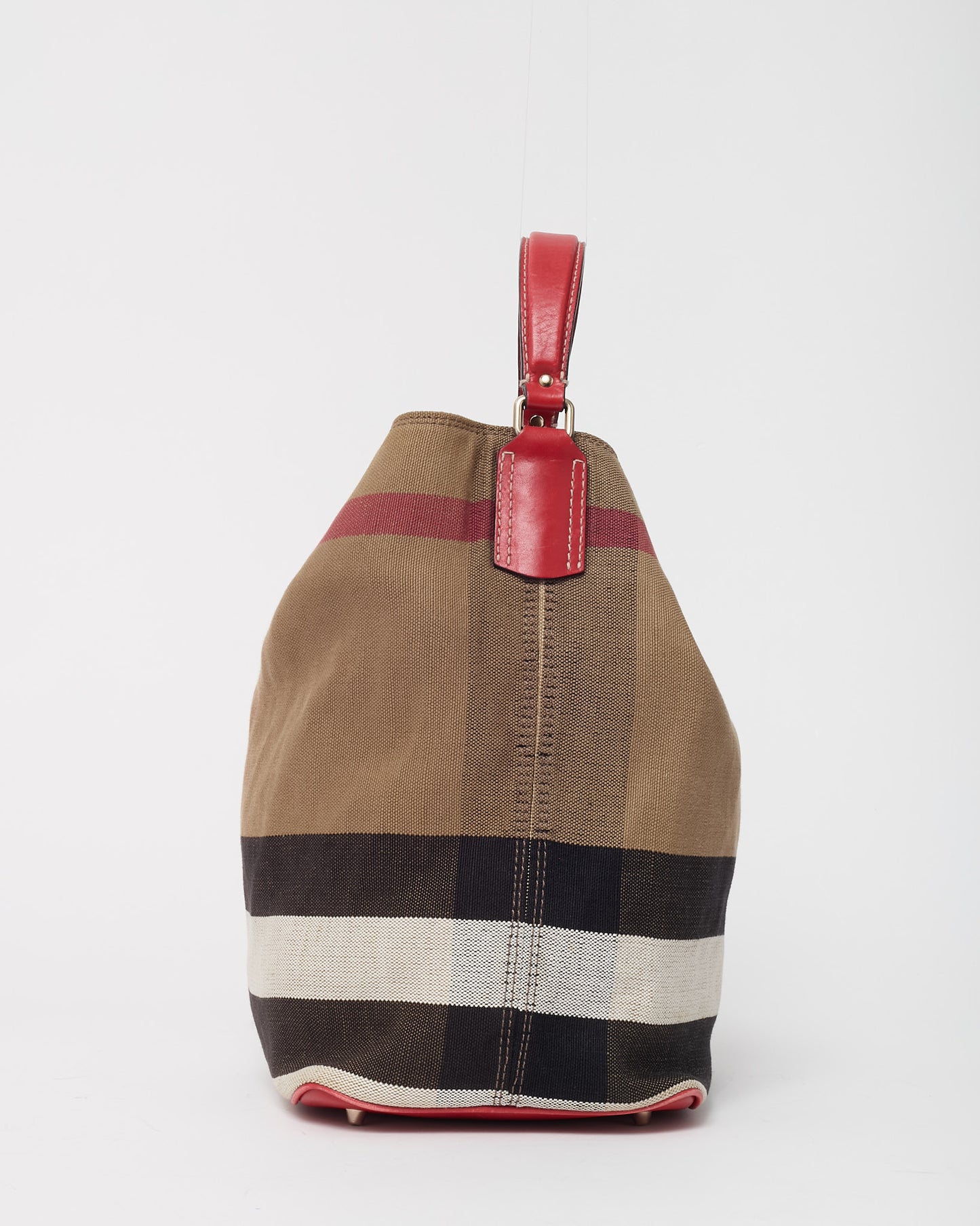 Burberry Beige Mega Check Canvas and Red Leather Medium Ashby Bucket Bag