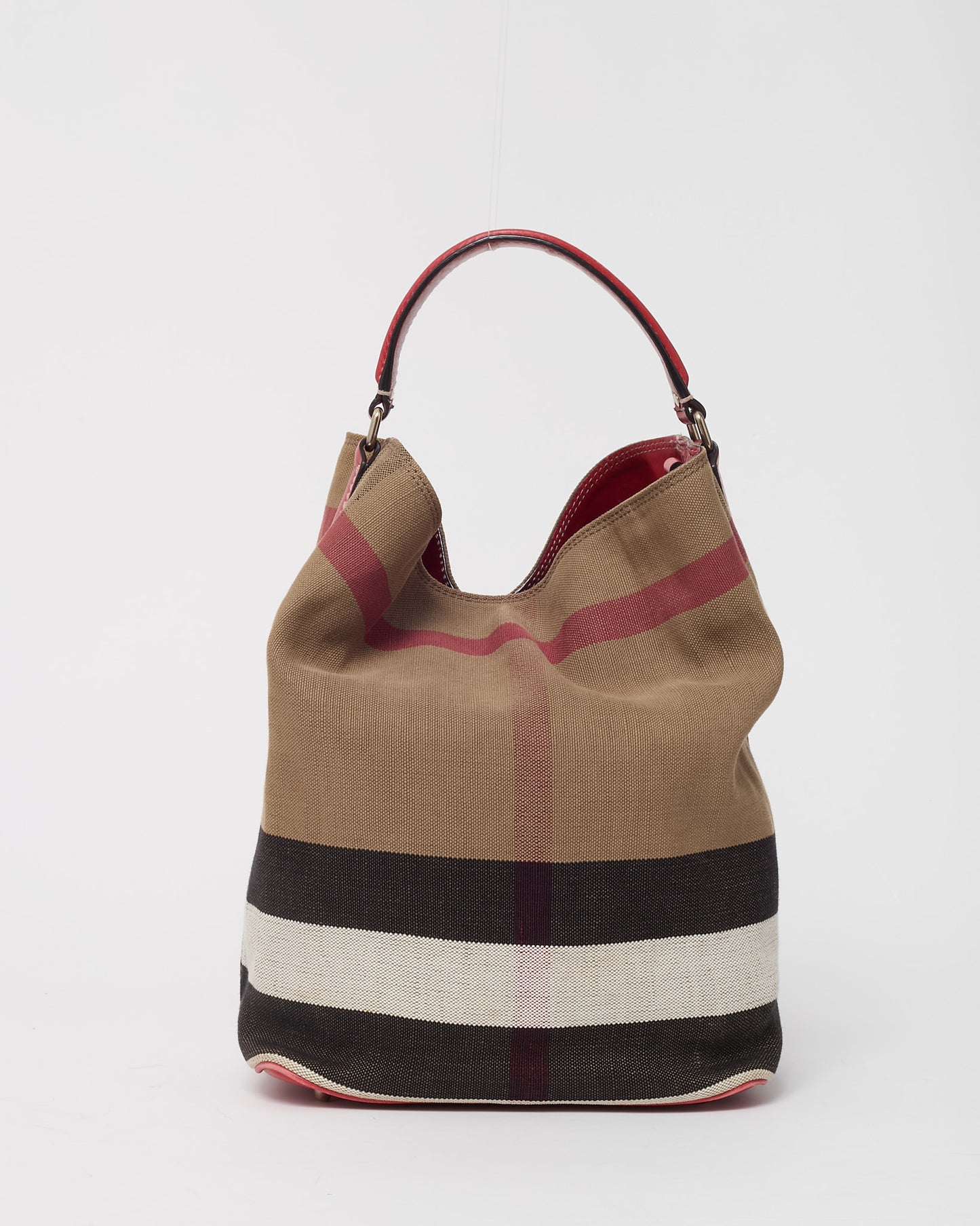 Burberry Beige Mega Check Canvas and Red Leather Medium Ashby Bucket Bag