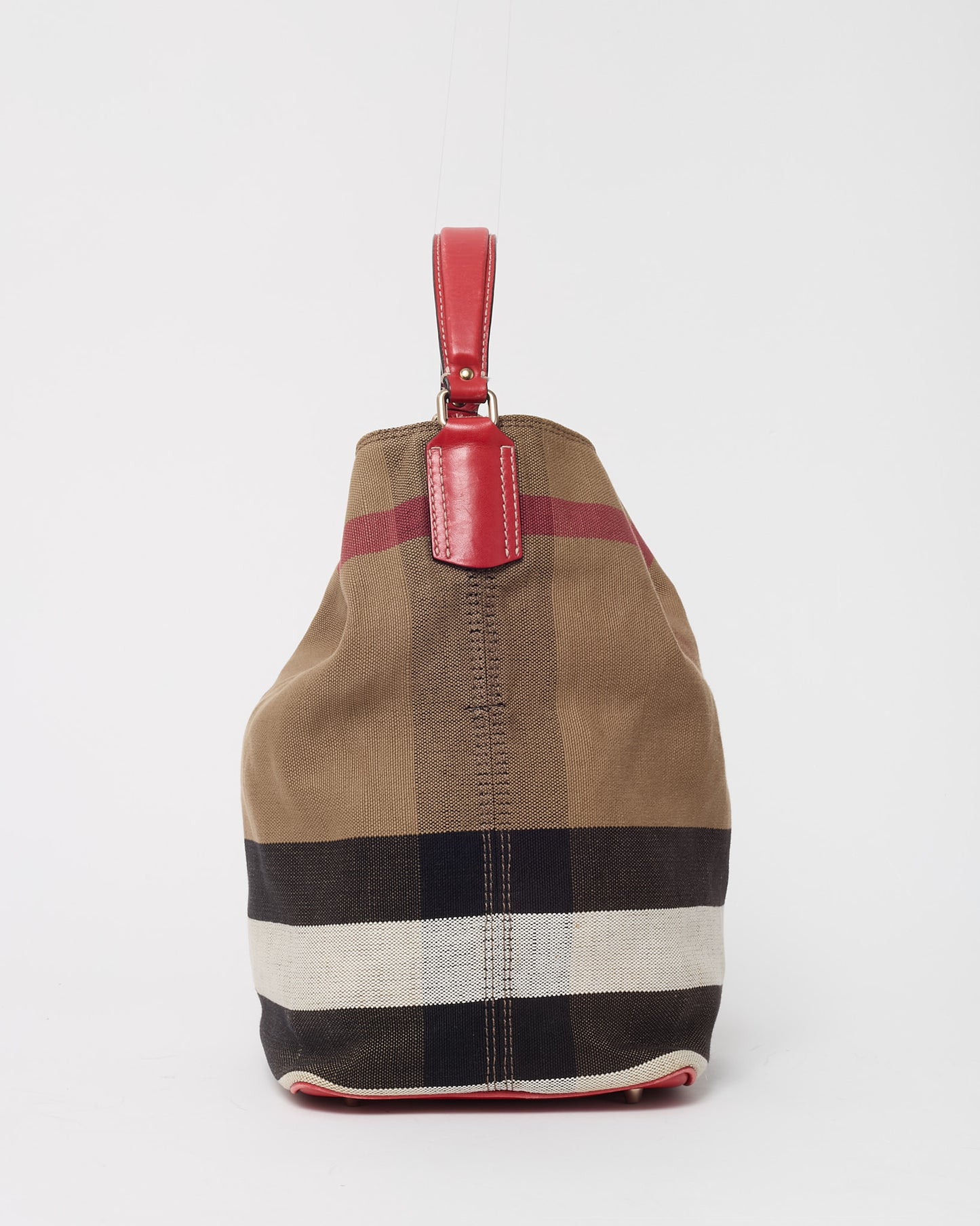 Burberry Beige Mega Check Canvas and Red Leather Medium Ashby Bucket Bag