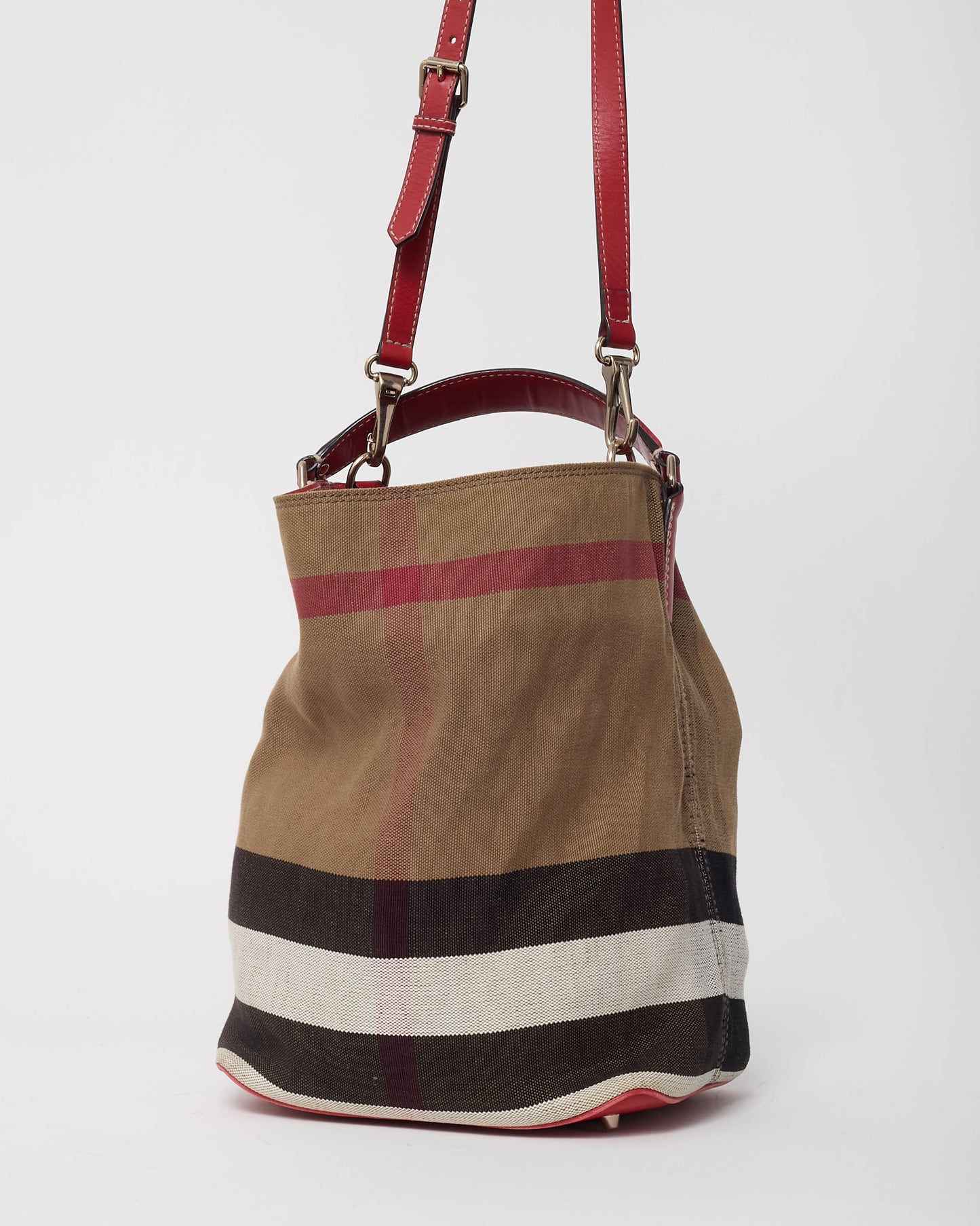 Burberry Beige Mega Check Canvas and Red Leather Medium Ashby Bucket Bag