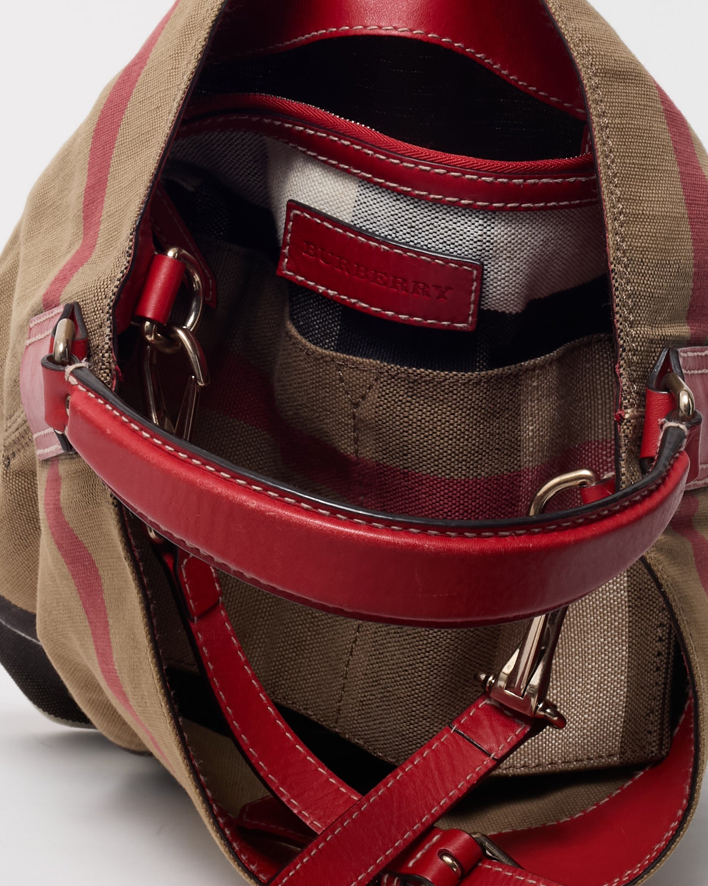 Burberry Beige Mega Check Canvas and Red Leather Medium Ashby Bucket Bag