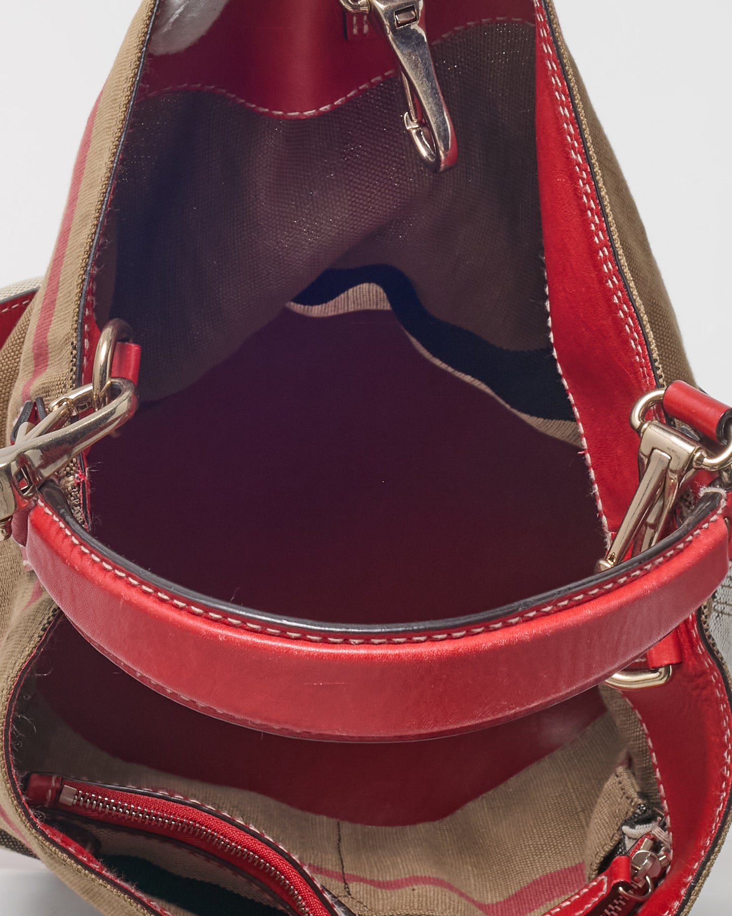 Burberry Beige Mega Check Canvas and Red Leather Medium Ashby Bucket Bag