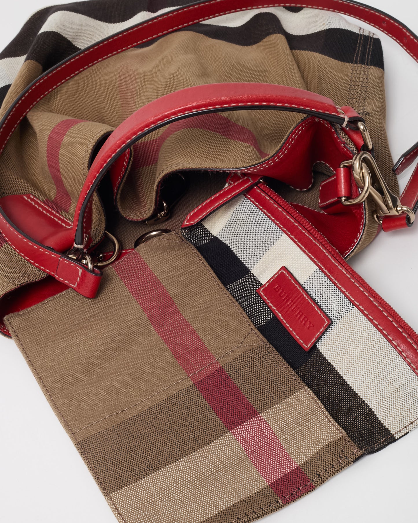 Burberry Beige Mega Check Canvas and Red Leather Medium Ashby Bucket Bag