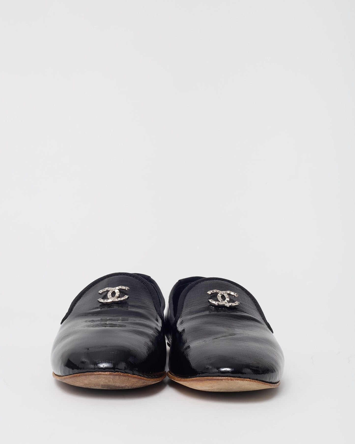Chanel Black Patent Leather Silver CC Logo Driving Loafers - 39.5