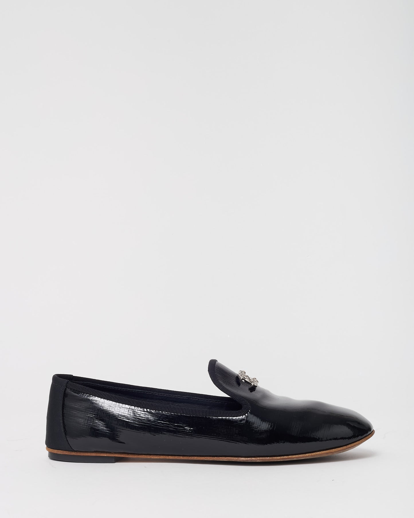 Chanel Black Patent Leather Silver CC Logo Driving Loafers - 39.5