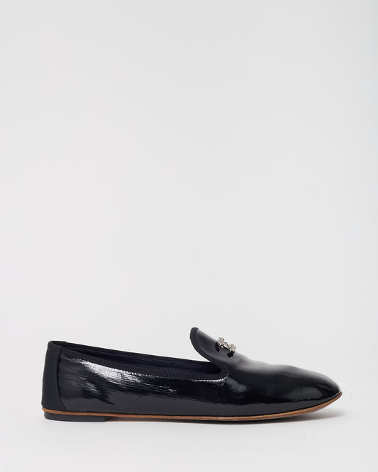 Chanel Black Patent Leather Silver CC Logo Driving Loafers - 39.5