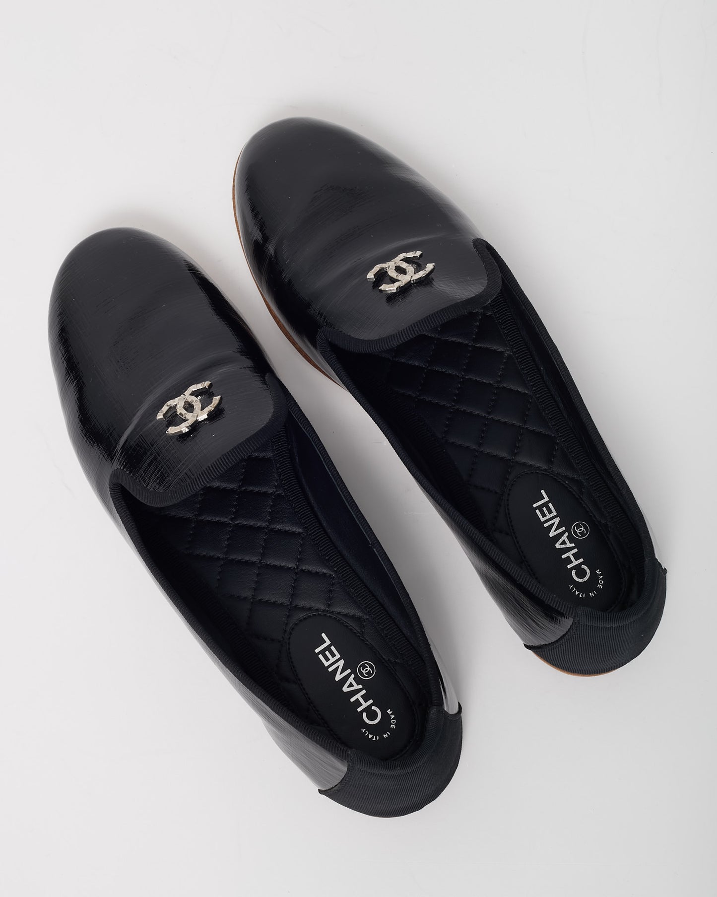 Chanel Black Patent Leather Silver CC Logo Driving Loafers - 39.5