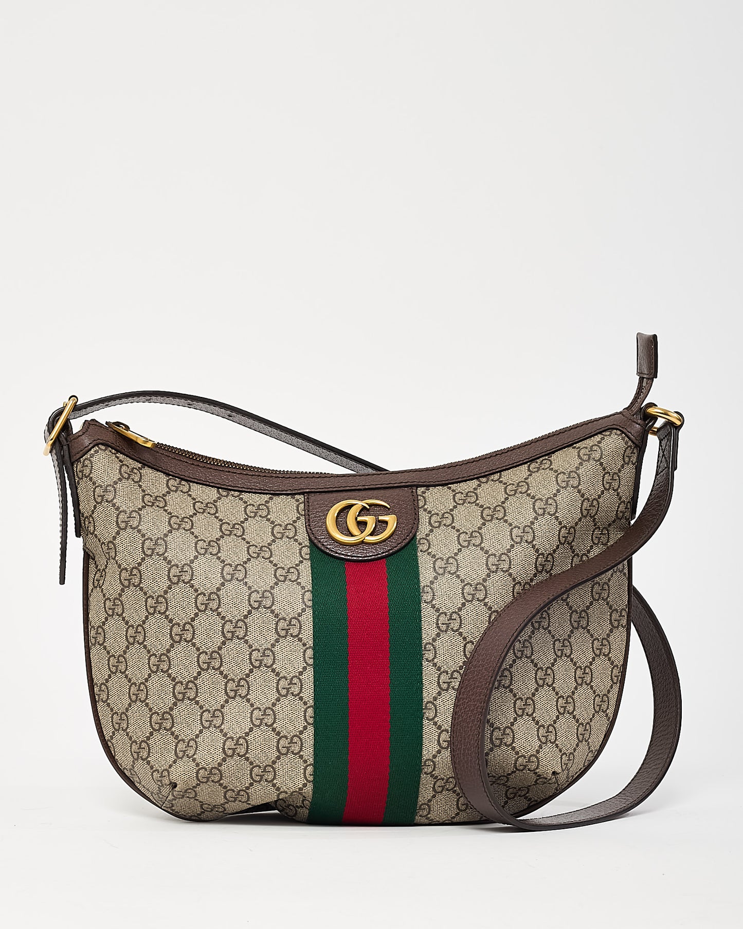 Gucci Beige and Beige Monogram GG Supreme Canvas Small Web Ophidia Half Moon Hobo Bag