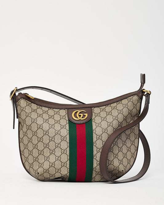 Gucci Beige and Beige Monogram GG Supreme Canvas Small Web Ophidia Half Moon Hobo Bag