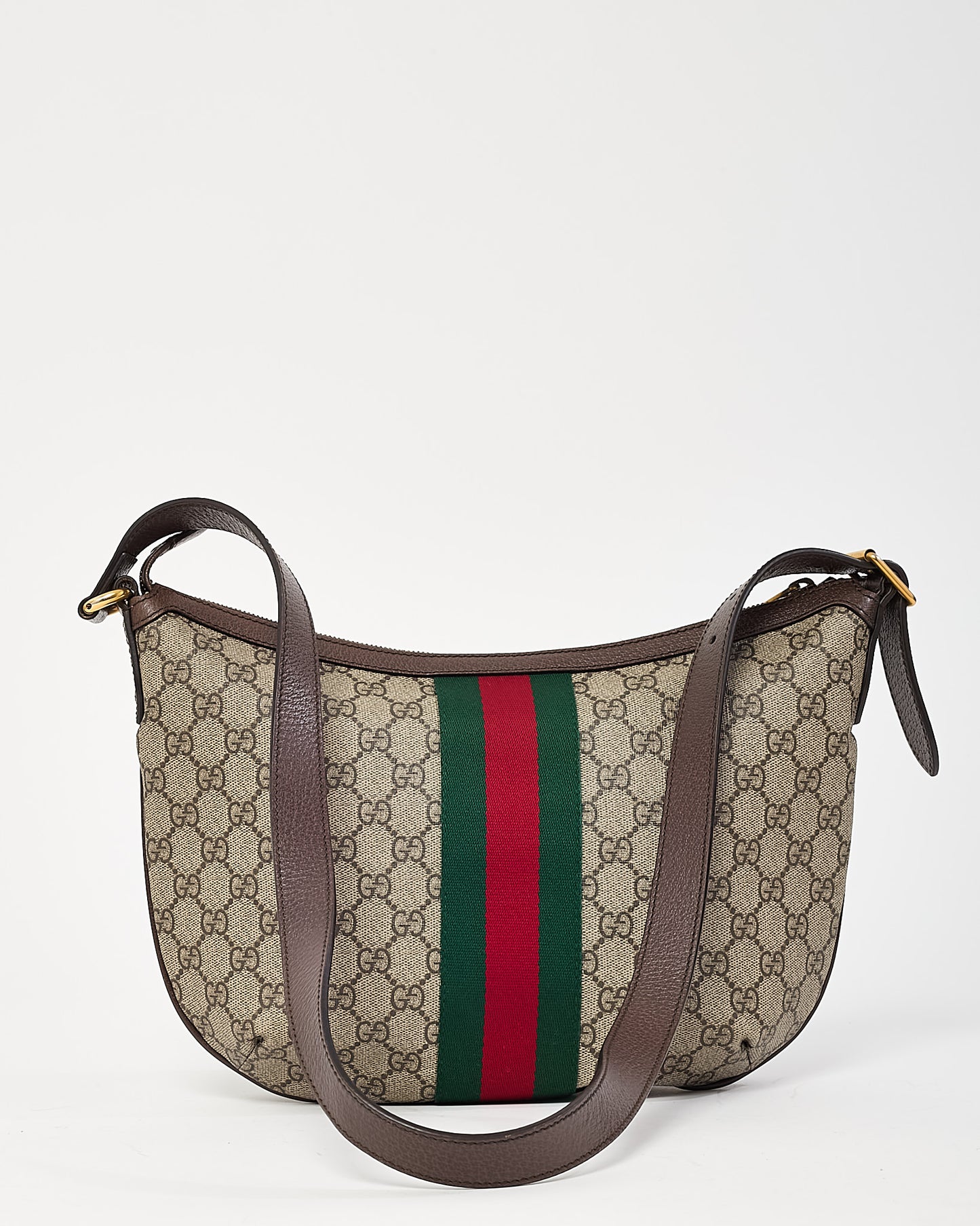 Gucci Beige and Beige Monogram GG Supreme Canvas Small Web Ophidia Half Moon Hobo Bag