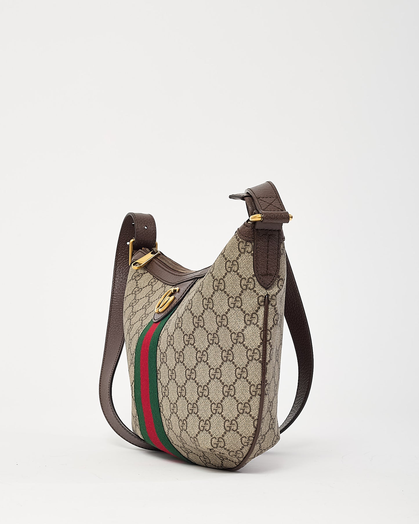 Gucci Beige and Beige Monogram GG Supreme Canvas Small Web Ophidia Half Moon Hobo Bag