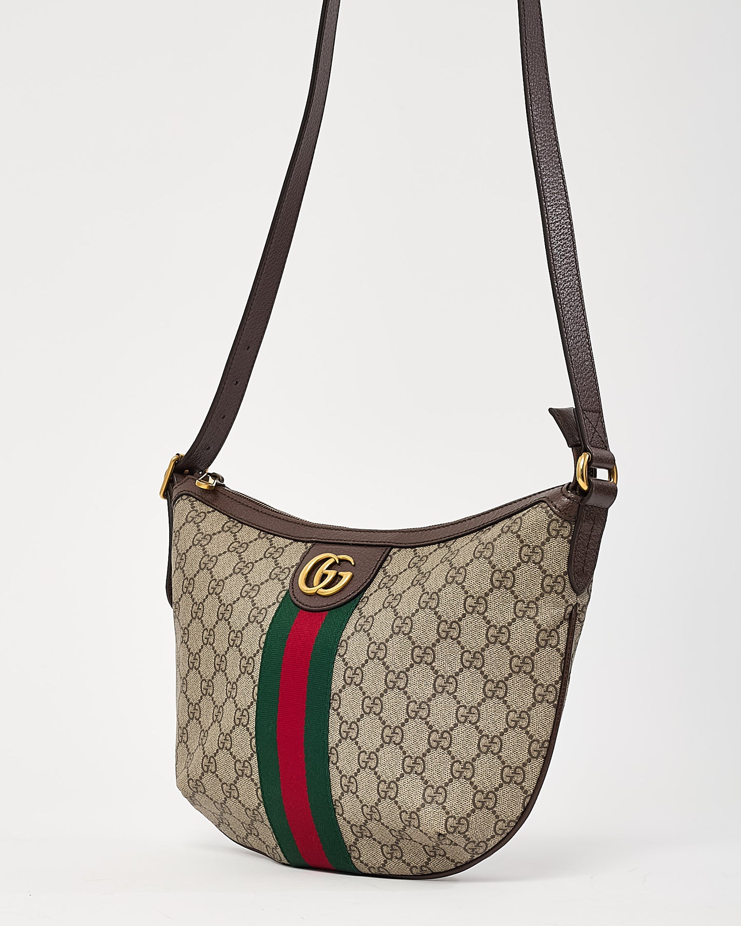 Gucci Beige and Beige Monogram GG Supreme Canvas Small Web Ophidia Half Moon Hobo Bag
