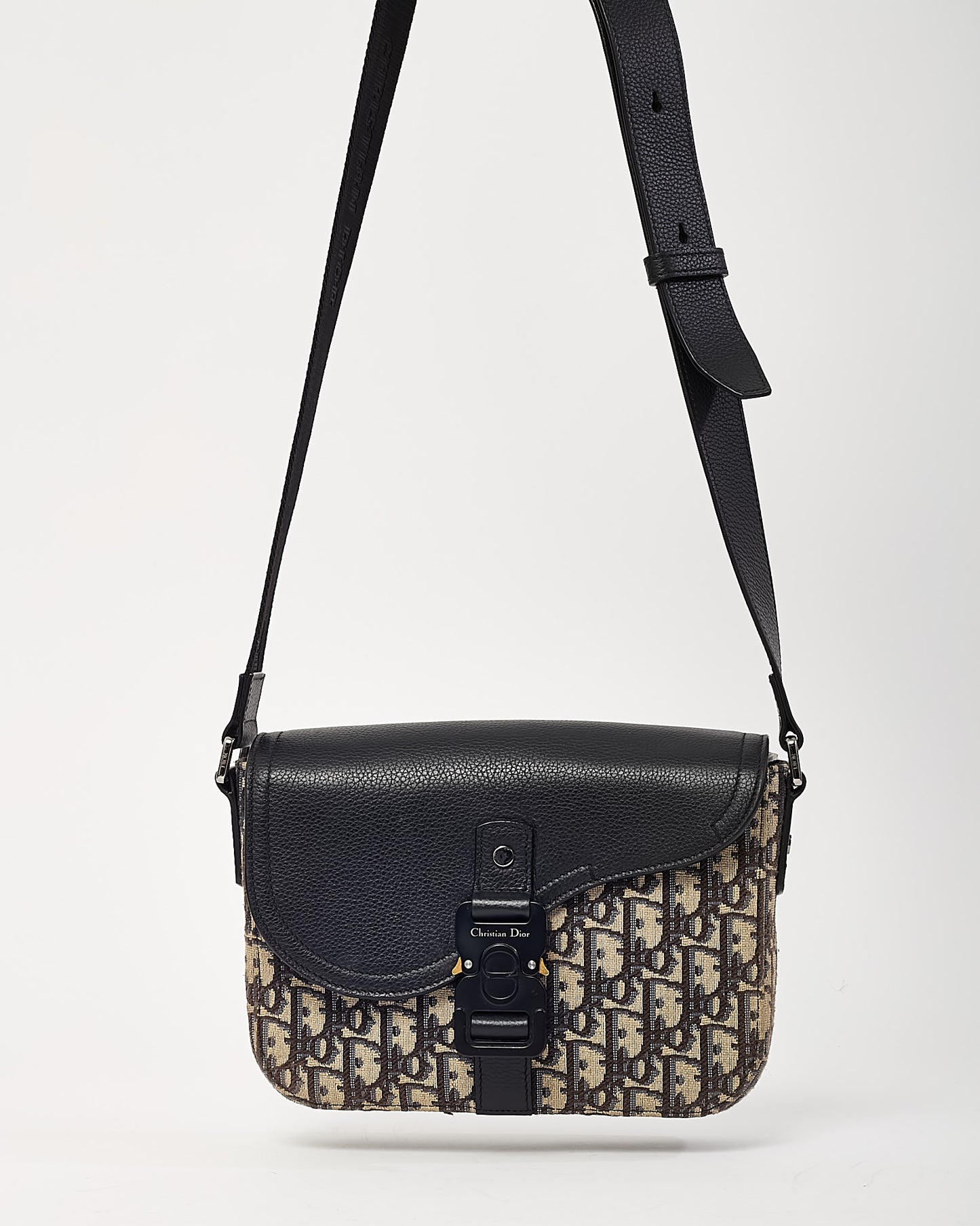 Dior Beige and Black Dior Oblique Jacquard Canvas with Black Grained Calfskin Small Saddle Messenger Bag