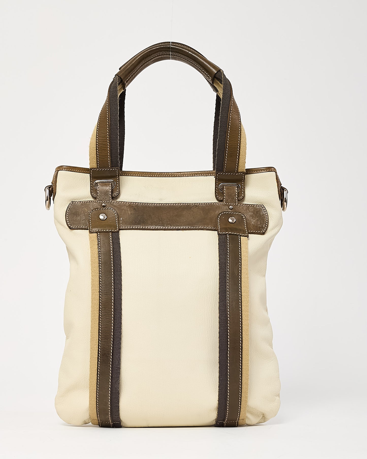 Dolce & Gabbana White Leather with Brown Canvas and Leather Web Strap Miss Boho Tote Bag