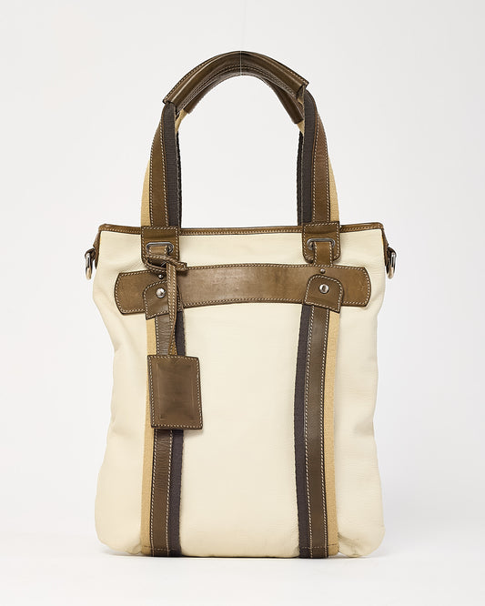 Dolce & Gabbana White Leather with Brown Canvas and Leather Web Strap Miss Boho Tote Bag