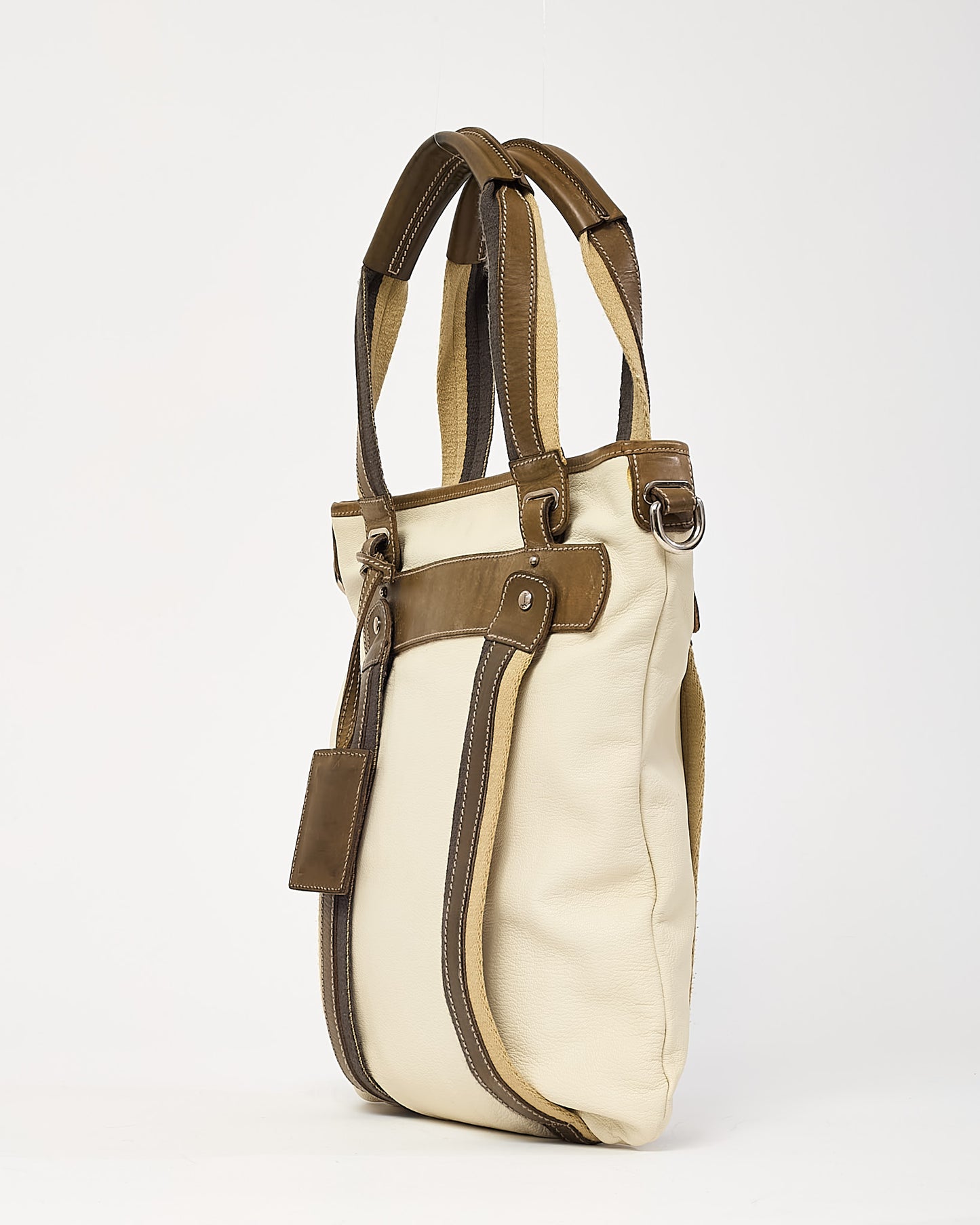 Dolce & Gabbana White Leather with Brown Canvas and Leather Web Strap Miss Boho Tote Bag