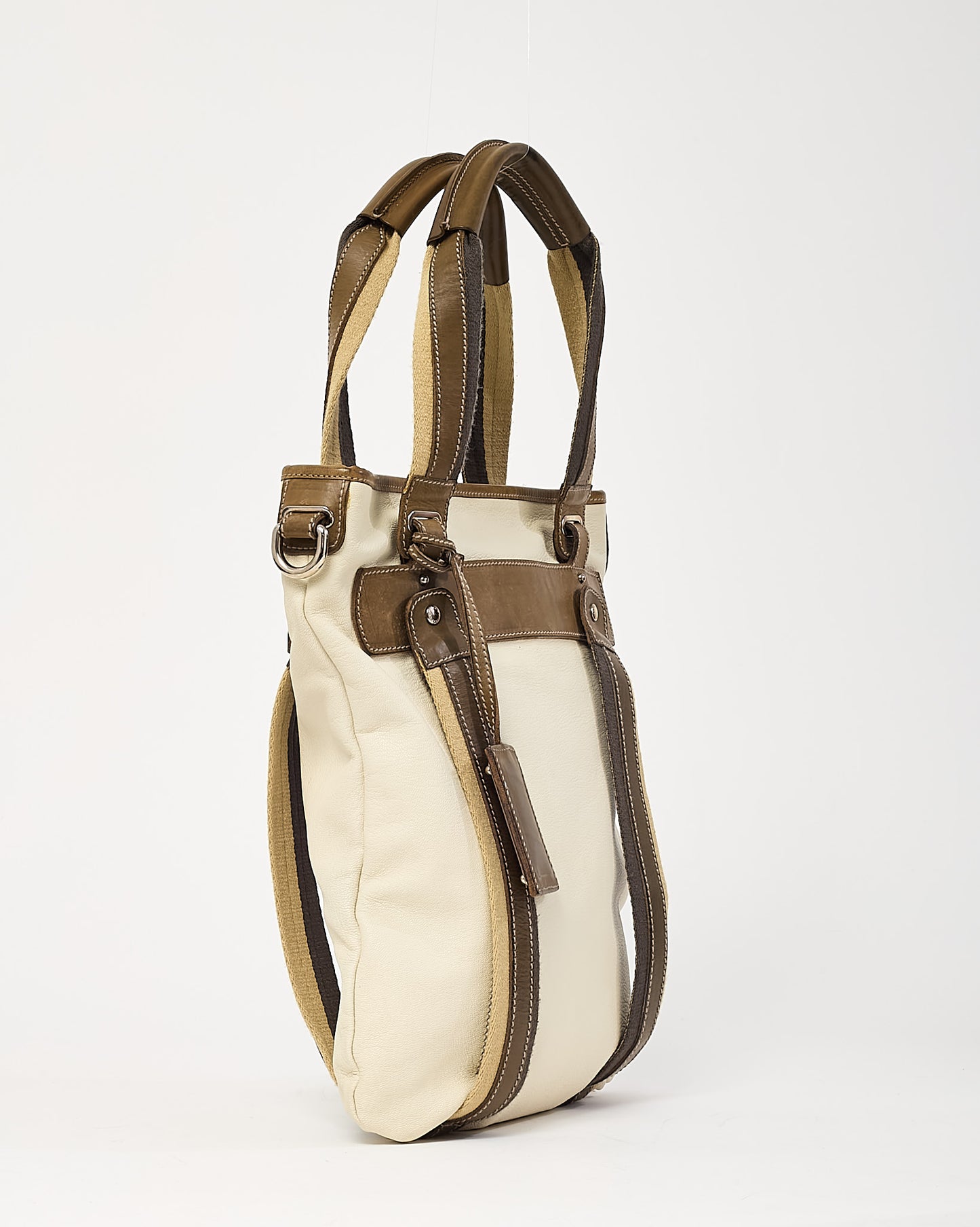 Dolce & Gabbana White Leather with Brown Canvas and Leather Web Strap Miss Boho Tote Bag