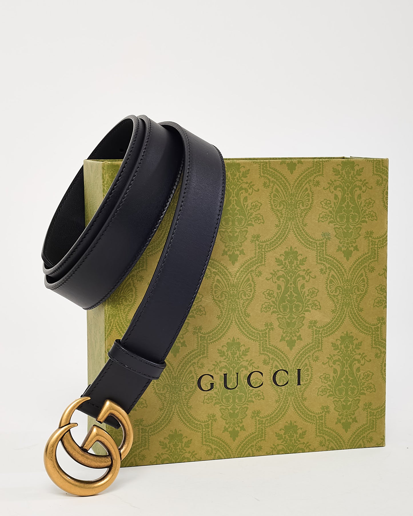 Gucci Men's Slim Black Leather GHW GG Marmont Belt - 105/42