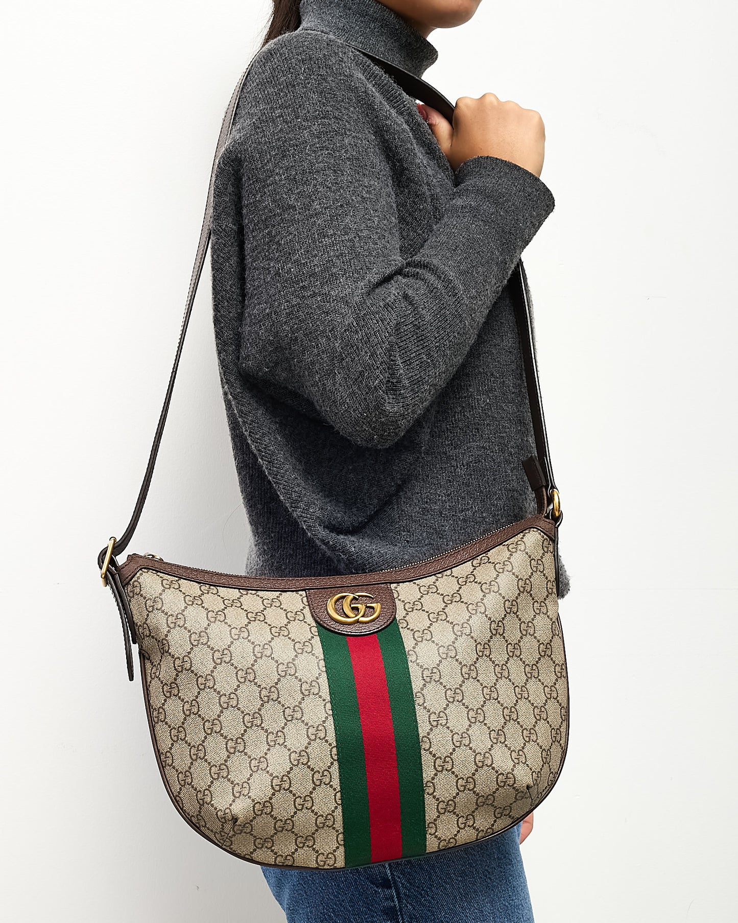 Gucci Beige and Beige Monogram GG Supreme Canvas Small Web Ophidia Half Moon Hobo Bag