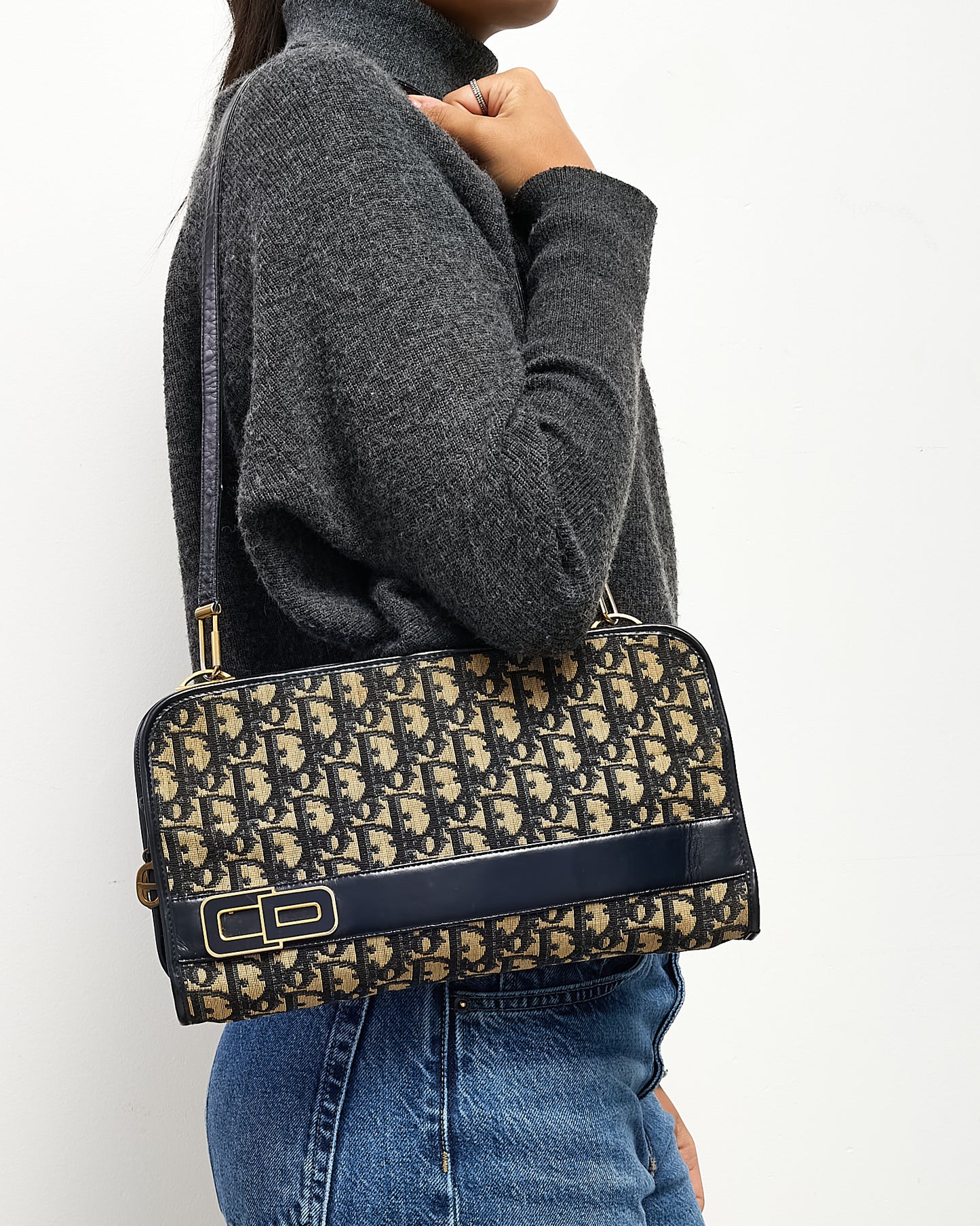 Dior Vintage 1960s Navy Blue Monogram Oblique Canvas CD Logo Shoulder Bag