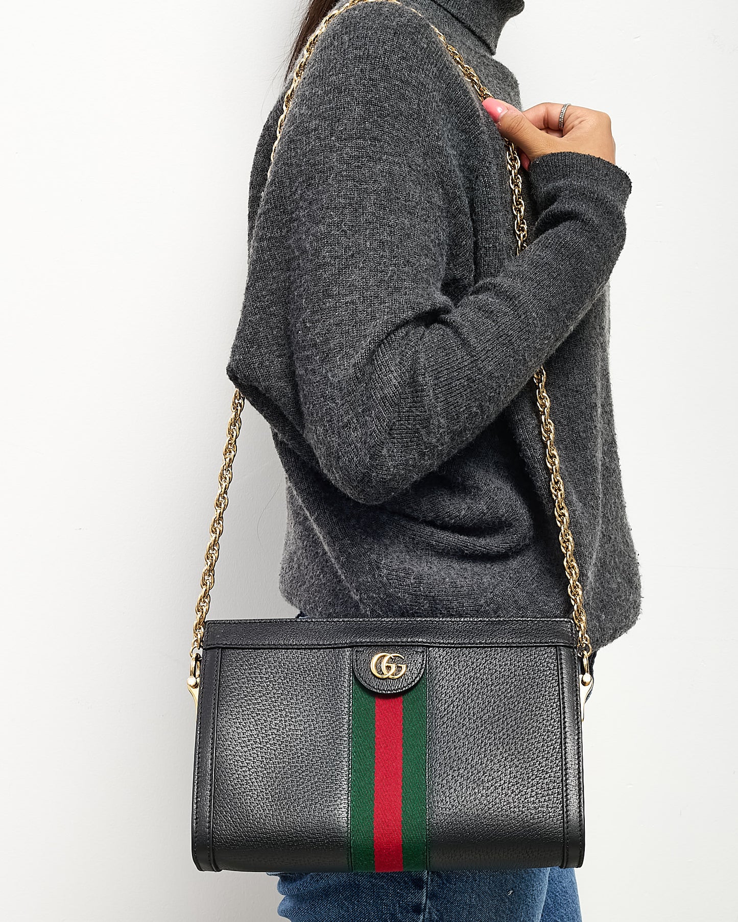Gucci Black Calfskin Leather Small Web Ophidia Chain Shoulder Bag