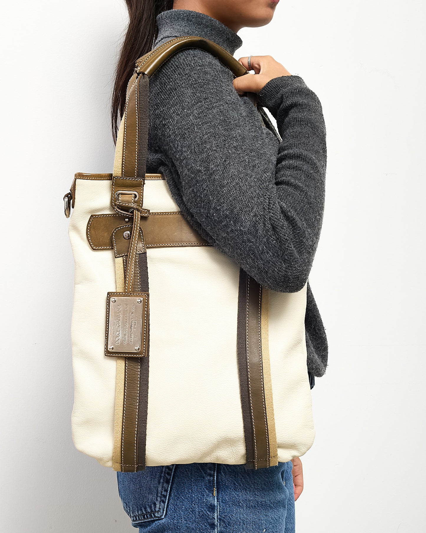 Dolce & Gabbana White Leather with Brown Canvas and Leather Web Strap Miss Boho Tote Bag