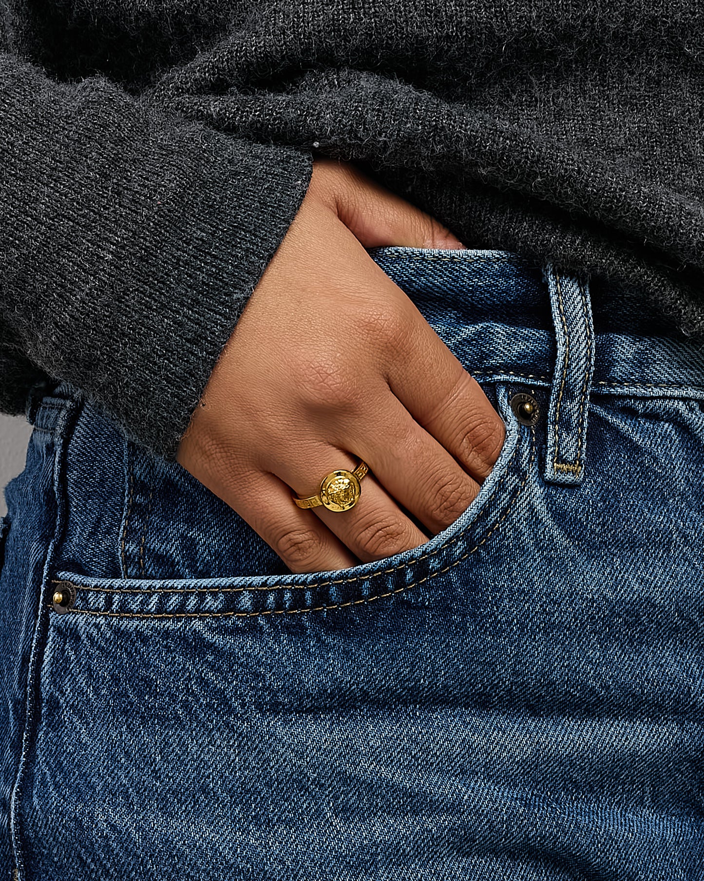 Versace Gold Metal Medusa Head Ring Button Ring - 7.5