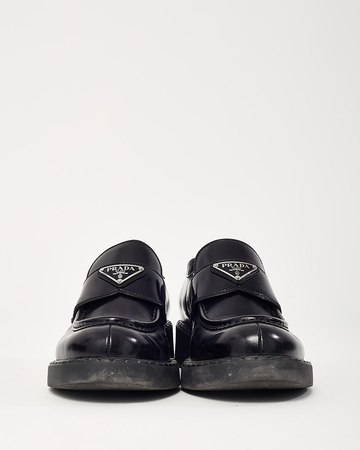 Prada Black Brushed Leather Chocolate Logo Loafers - 39.5