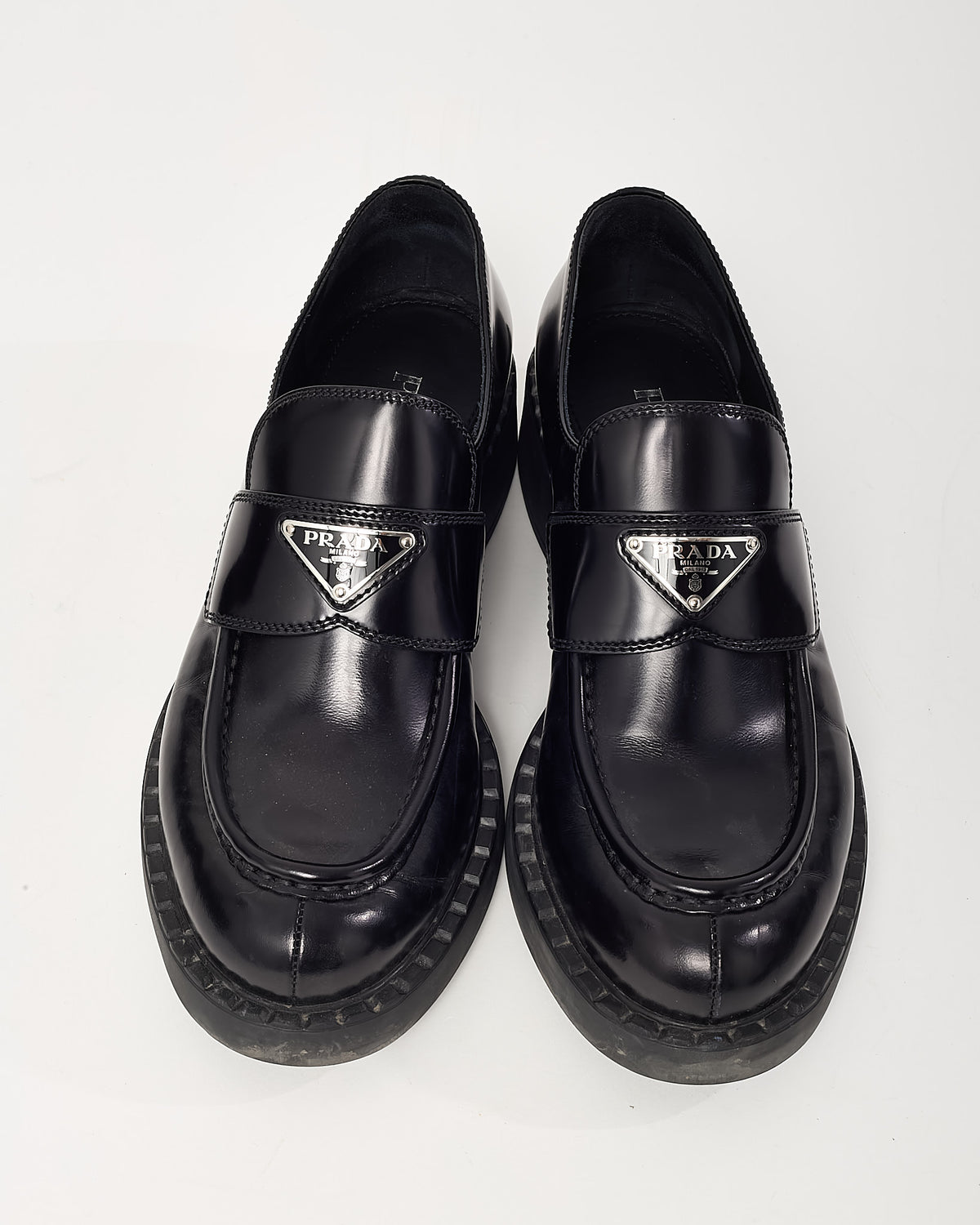 Prada Black Brushed Leather Chocolate Logo Loafers - 39.5