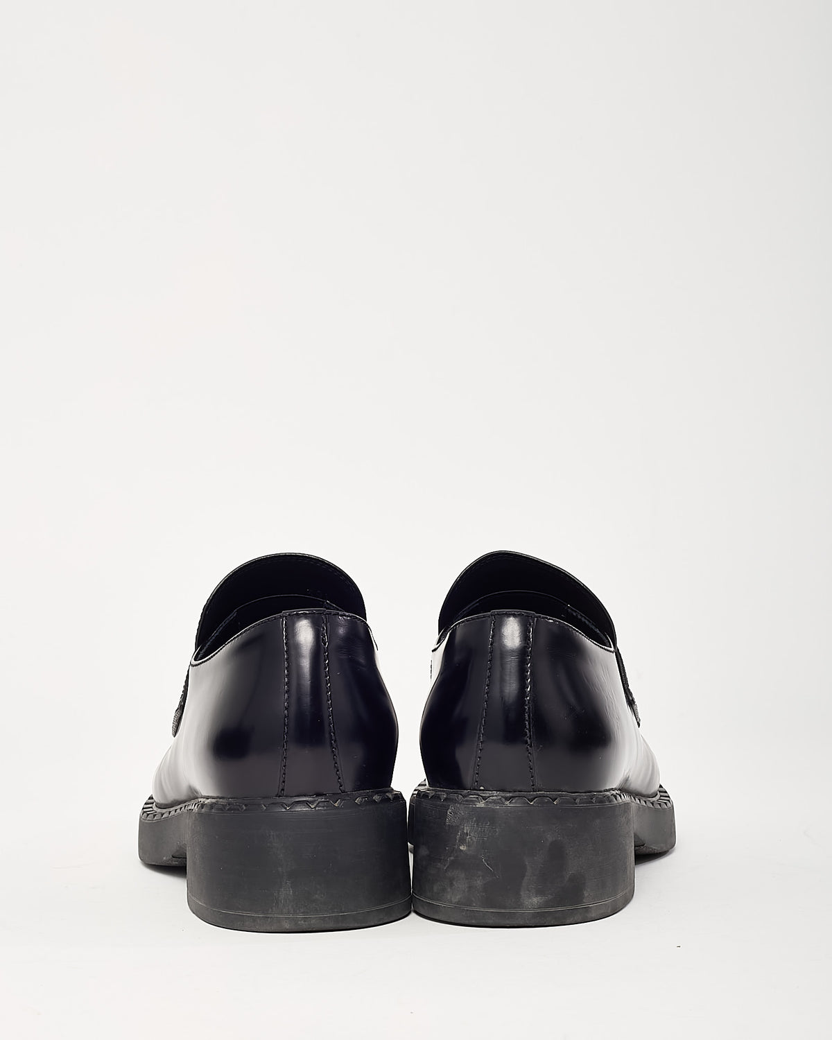 Prada Black Brushed Leather Chocolate Logo Loafers - 39.5