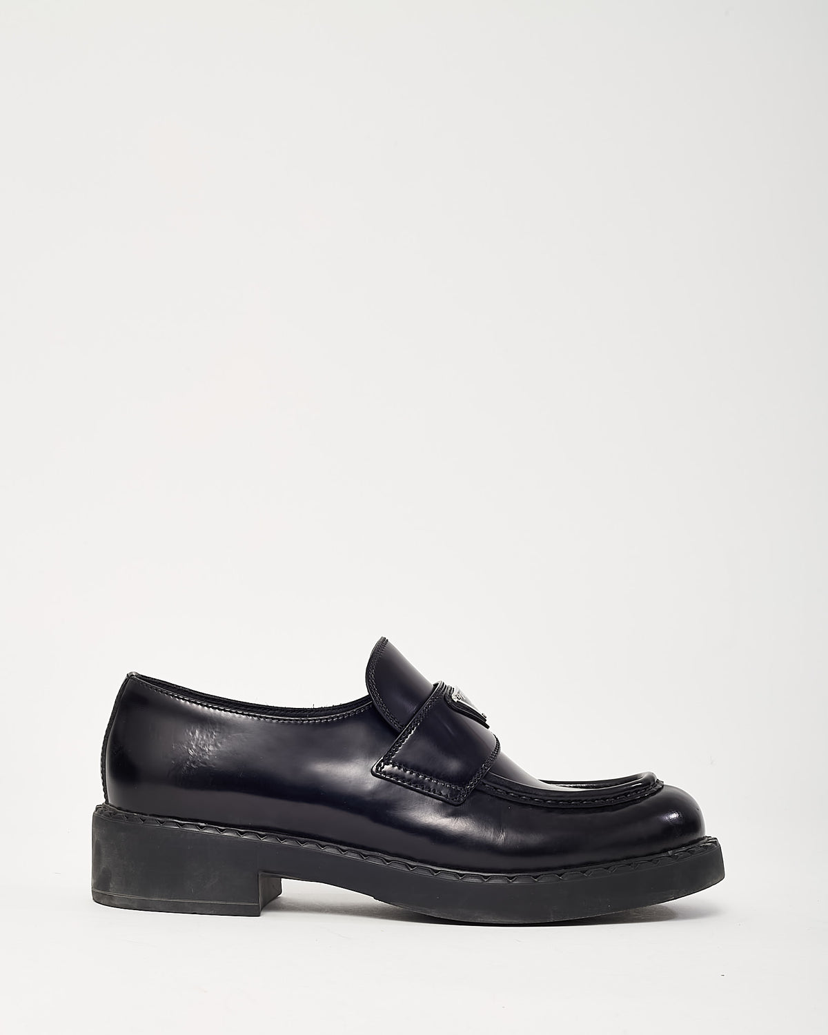 Prada Black Brushed Leather Chocolate Logo Loafers - 39.5
