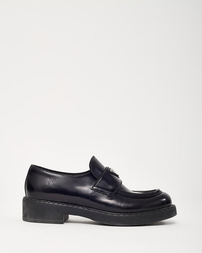 Prada Black Brushed Leather Chocolate Logo Loafers - 39.5