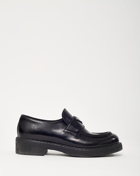 Prada Black Brushed Leather Chocolate Logo Loafers - 39.5